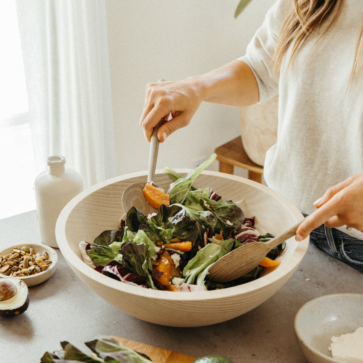 Handmade wood salad bowls whitewashed finish perfect for gatherings